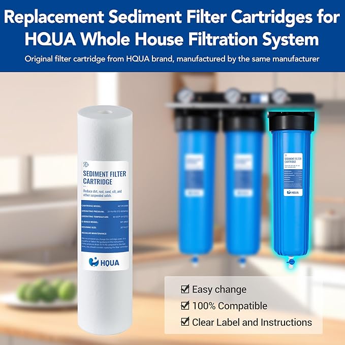 HQUA Whole House Sediment Replacement Filter Cartridge, WF-PP20BB, Fit for WF3 Series, material: PP, polypropylene, 5 Micron