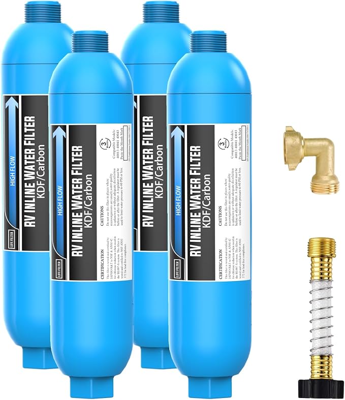 Lifefilter RV Water Filter with 90 Degree Elbow and Flexible Hose Protector | Reduces Chlorine, Bad Taste, Odor in Drinking Water, Dedicated for RVs Campers Marines, 4 Pack