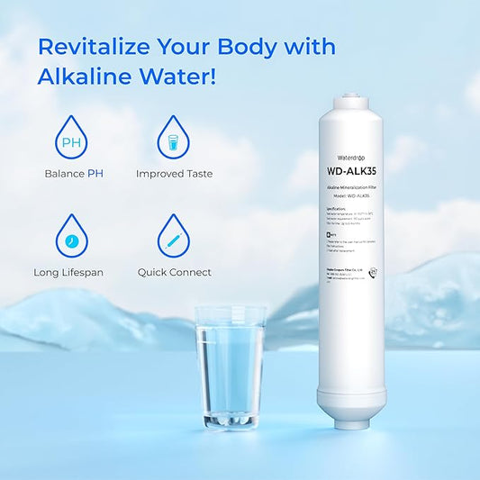 Waterdrop ALK35 𝐀𝐥𝐤𝐚𝐥𝐢𝐧𝐞 Water Filter, Alkaline Filter for Reverse Osmosis System, pH Balance and Restore Minerals for RO Filter, Under Sink Water Filter, 1/4" Quick Connect