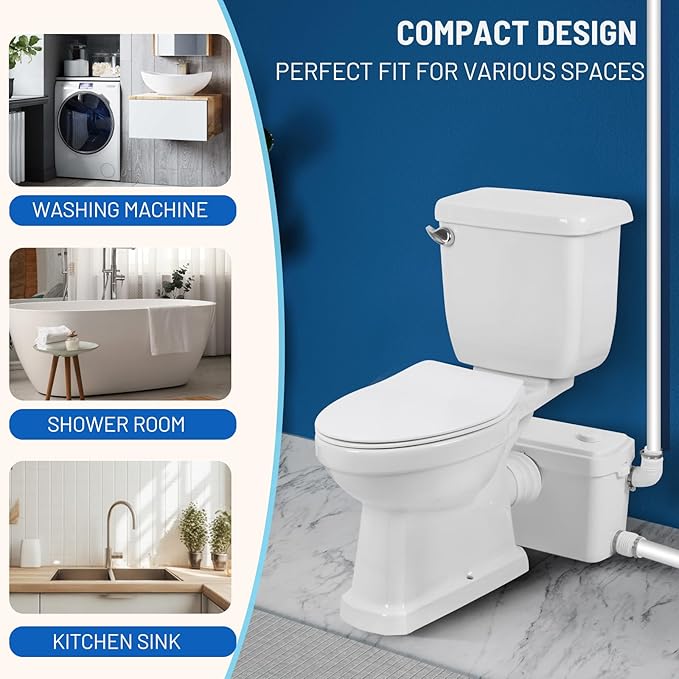 750watt Macerating Toilet with Pump, Two-Piece Upflush Toilet For Basement, Powerful & Quiet Macerating System With 3 Water Inlet & Ac Vent, 36ft Vertically, Elongated Bowl