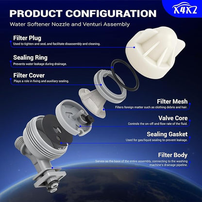 7187065 Water Softener Nozzle & Venturi Assembly for Kenmore, Morton, GE, Whirlpool, NorthStar, Rheem, EcoWater, Bosch, TapworksI, Viessmann, Trrnnity - Replaces 7214969, 7165704, 7238450, WS15X10027