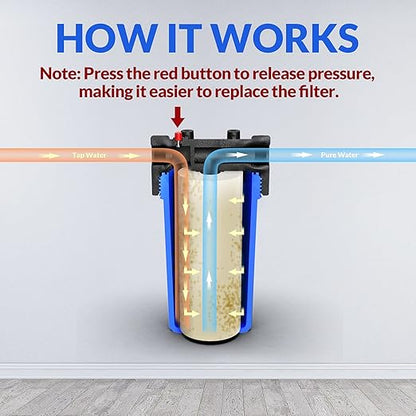 SimPure Whole House Water Filter Housing (DB10P), 10" x 4.5" Sediment Carbon Filter Universal Housing, Pre-Filtration System for Well and City Water, 1" NPT Port, Pressure Release