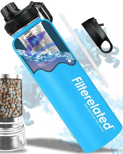 Filterelated 30oz Stainless Steel Portable Alkaline Filter Water Bottle, Creates Up To 9+ Ph Of Quality Water, Sports Travel Water Bottle, Removes Water Impurities