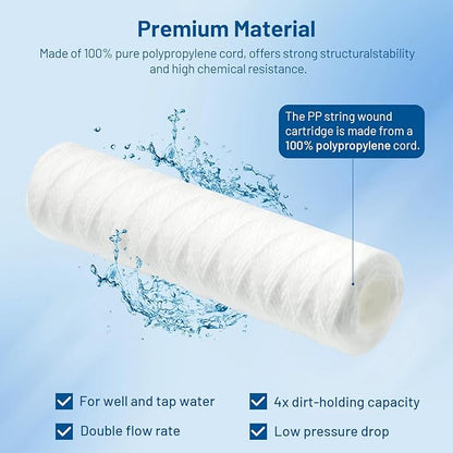 Whole House 10 Micron 10" x 2.5" String Wound Sediment Well Water Filter Cartridge Replacement for CW-F, 155186-43, 3WH-STDSW-F02, SW-25-1010, EPW2S, SP-CW10, WHF-102, WPP-25098-10 (Pack of 6)