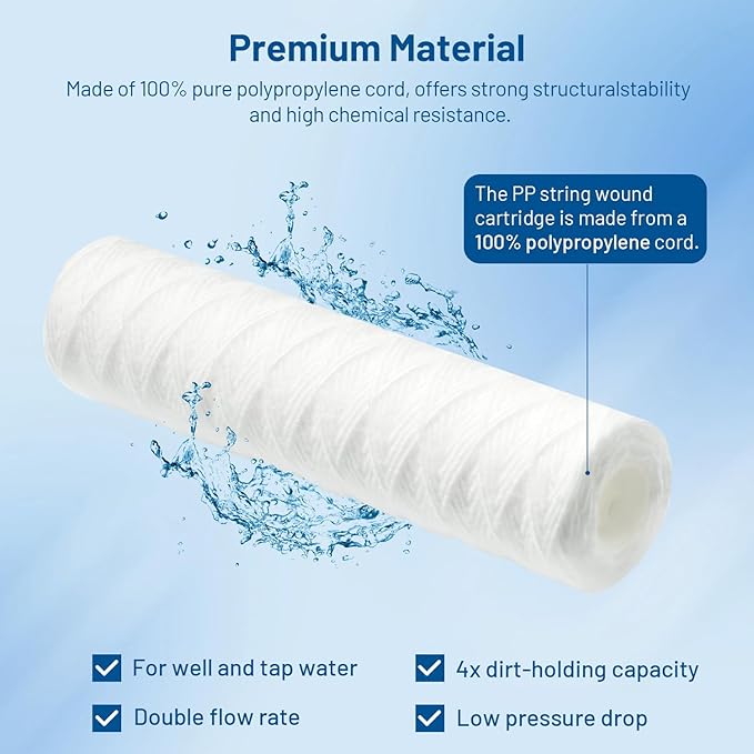 Whole House 50 Micron 10" x 2.5" String Wound Sediment Well Water Filter Cartridge Replacement for CW-50, CW-MF, W50W, SWC-25-1050, SP-CW50, WPP-F10-50, SF50-978, FXWSC, AO-WH-PRE-R2 (Pack of 6)