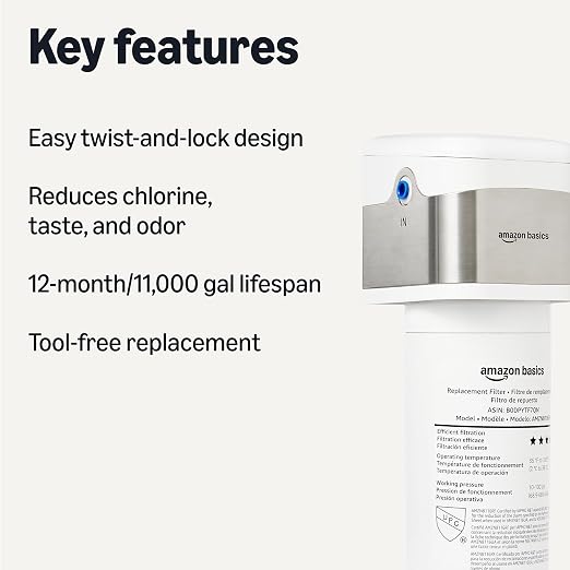 Amazon Basics Under Sink Water Filter System, NSF/ANSI 42 & 372 Certified, Easy Twist-and-Lock Design, 11,000 Gallons, 1 Year Service Life, White