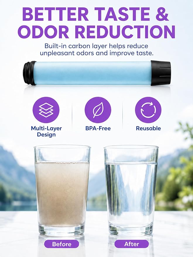 22oz Water Filter Bottle, Portable Outdoor Filtered Water Bottle with Multi-Layer Filtration, Improves Taste & Reduces Odor, BPA-Free Reusable Bottle for Hiking, Camping & Travel (Purple)