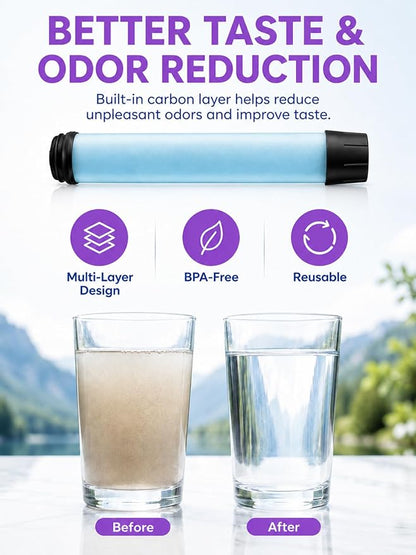 22oz Water Filter Bottle, Portable Outdoor Filtered Water Bottle with Multi-Layer Filtration, Improves Taste & Reduces Odor, BPA-Free Reusable Bottle for Hiking, Camping & Travel (Purple)