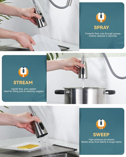 WOWOW Kitchen Faucet with Sprayer, Kitchen Sink Faucet, SUS 304 Stainless Steel, High Arc Single Handle Brushed Nickel Kitchen Faucets with Pull Down Sprayer, Pull Out Kitchen Faucet with Deck Plate