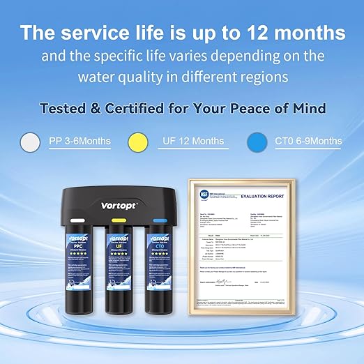 Vortopt F03 Under-Sink & Countertop Filtration,3 Stage Water Filter System with 0.01 Micron UF Membrane,Reduces Chlorine,Sediment,Odor,Retains Minerals,High Flow & Easy Install,NOT for TDS Reduction.