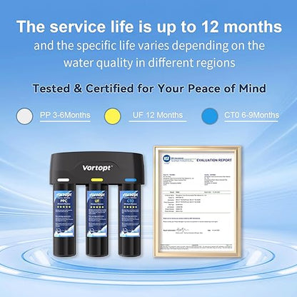 Vortopt F03 Under-Sink & Countertop Filtration,3 Stage Water Filter System with 0.01 Micron UF Membrane,Reduces Chlorine,Sediment,Odor,Retains Minerals,High Flow & Easy Install,NOT for TDS Reduction.