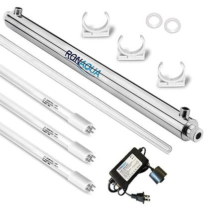 Ronaqua 55W Whole House UV Light Water Purifier, 12 GPM, 3/4'' MNPT Ports - Includes 2 Free Replacement Bulbs, Long-Lasting Performance, Ideal for Well & City Water