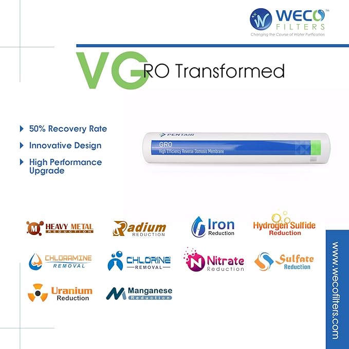 WECO VGRO Under Sink High Efficiency 75 Gallons Per Day Reverse Osmosis Drinking Water Filtration System with pH+ Post Filter & Installation Kit (VGRO-75ALK)