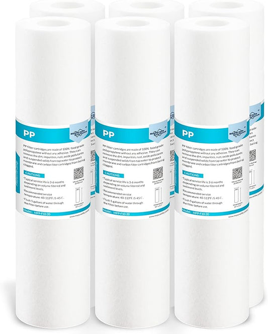 Membrane Solutions 20 Micron 10" x 2.5" Sediment Water Filter Replacement Cartridge for Water Filter 10 x 2.5 inch Whole House Water System, Compatible with GE FXUSC, AP110, WHKF-GD05-6 Pack