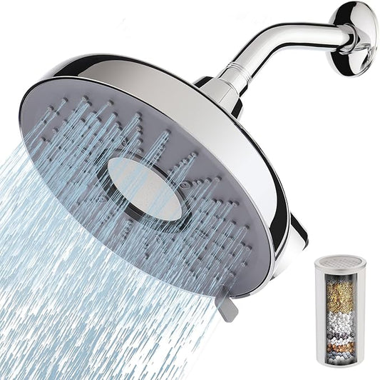 Filtered Shower Head, 8 Inch High Pressure Rainfall Showerhead and 15 Stage Shower Filter Combo for Hard Water, 360° Adjustable Swivel, 3 Spray Modes (Chrome)