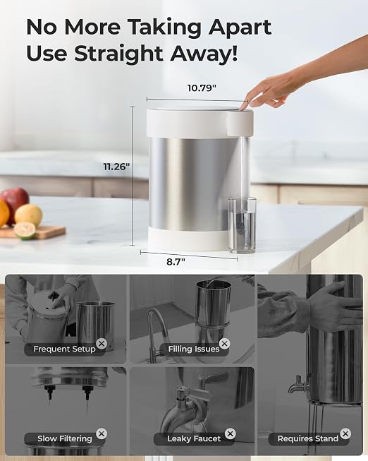 Waterdrop ED21W Rechargeable Non-Gravity Water Filter System, 5-Stage Stainless Steel Countertop Filtration, Reduce 70+ Contaminants, Lead, Chlorine and Cadmium, 22-Cup