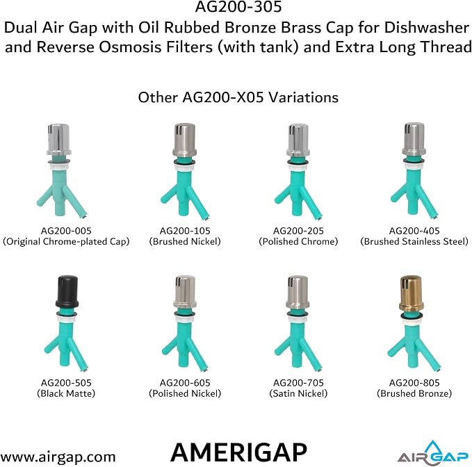 Dual Air Gap with Oil Rubbed Bronze Brass Cap for Dishwasher and Reverse Osmosis Filters (with tank) and Extra Long Thread (AG200-305, AG200-X05, AMERIGAP)