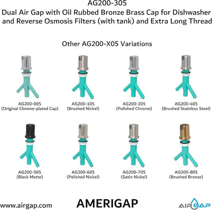 Dual Air Gap with Oil Rubbed Bronze Brass Cap for Dishwasher and Reverse Osmosis Filters (with tank) and Extra Long Thread (AG200-305, AG200-X05, AMERIGAP)