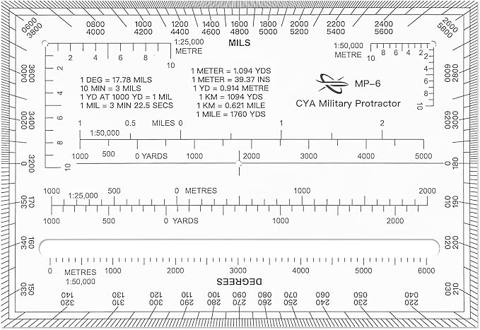 CYA MP-6 Square Military Map Protractor - Degrees Mils Coordinate Scale | Thick waterproof MP-6 map protractor with degrees & mils. Laser-cut for 1:25k, 1:50k & 1:100k UTM/MGRS coordinate grids