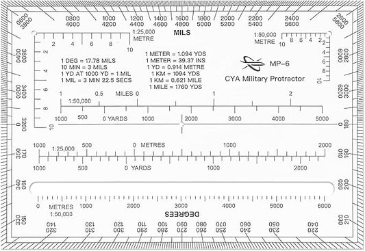 CYA MP-6 Square Military Map Protractor - Degrees Mils Coordinate Scale | Thick waterproof MP-6 map protractor with degrees & mils. Laser-cut for 1:25k, 1:50k & 1:100k UTM/MGRS coordinate grids
