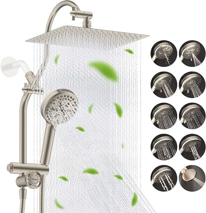 Hibbent cUPC Certified All Metal 12" Rainfall Showerhead Combo, High Pressure Shower Head with 10-Sprays Handheld, Innovative 4-way Diverter with Pause Mode, 71'' Shower Hose & Holder, Brushed Nickel