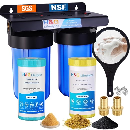 H&G Lifestyles Whole House Water Softener and Filtration System 10" x 4.5" | 2 Stage Water Softener & Filter, Calcium Inhibitor Filter, Anti-Scale Cation Ion Exchange, Remove Rust Chlorine Heavy Metal