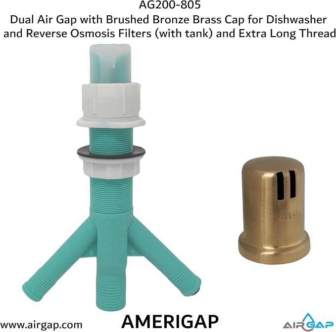 Dual Air Gap with Brushed Bronze Brass Cap for Dishwasher and Reverse Osmosis Filters (with tank) and Extra Long Thread (AG200-805, AG200-X05, AMERIGAP)