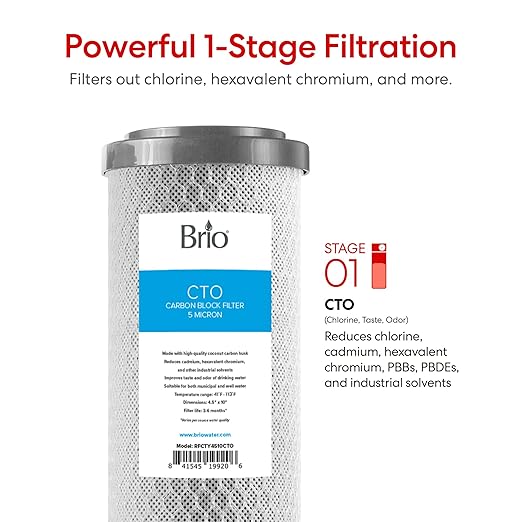 Brio Whole House Water Filter System w/Gauge & Fast-Flow CTO Carbon Block Filter (5 Micron) 4.5" x 10" | Improves Taste & Protects Home Appliances | 720 GPH | 50,000 Gallons or 6 Months