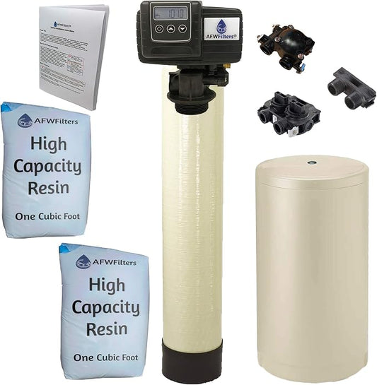 AFWFilters 2 cubic Foot (64k) Whole Home Water Softener with High Capacity Resin, 1" Plastic MNPT Connection, and Almond Tanks