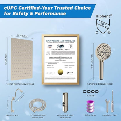 Hibbent cUPC Certified All Metal 12" Rainfall Showerhead Combo, High Pressure Shower Head with 10-Sprays Handheld, Innovative 4-way Diverter with Pause Mode, 71'' Shower Hose & Holder, Brushed Nickel