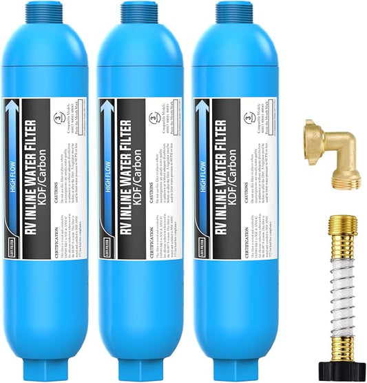 Lifefilter RV Water Filter with 90 Degree Elbow and Flexible Hose Protector | Reduces Chlorine, Bad Taste, Odor in Drinking Water, Dedicated for RVs Campers Marines, 3 Pack