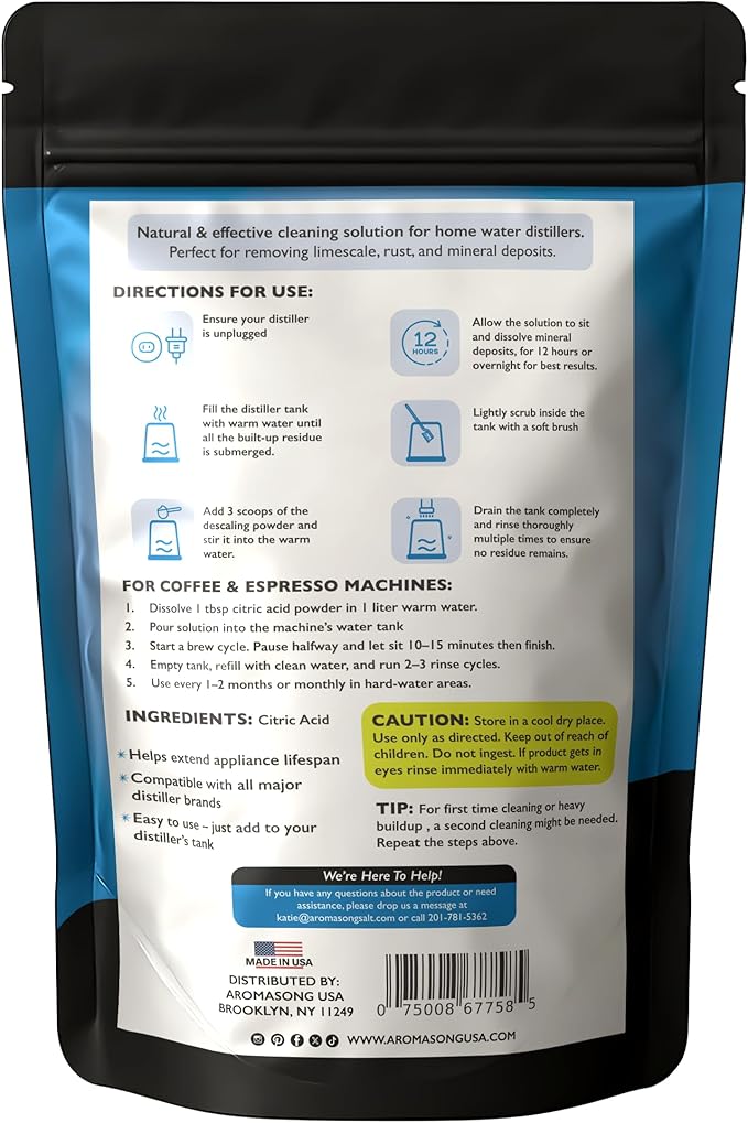 Aromasong Citric Acid For Cleaning Descaling powder – Pure Cleaning Citric Acid Powder with Scoop | Eco-Friendly, Biodegradable Formula for Water Distiller, Espresso Machines, Humidifier – 2 LB Bag
