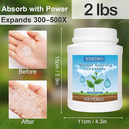XSEINO 2LB Soil Moisture Crystals Water-Absorbing Hydrogel for Plants Solves Over and Under-Watering, Long-Lasting Water Retention to Keep Soil Moist Polymer Water Storage Crystals