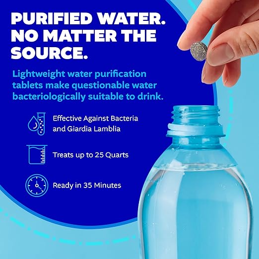 Potable Aqua Water Purification Treatment - Portable Drinking Water Treatment for Camping, Emergency Preparedness, Hurricanes, Storms, Survival, and Travel (50 Tablets), Black, single pack