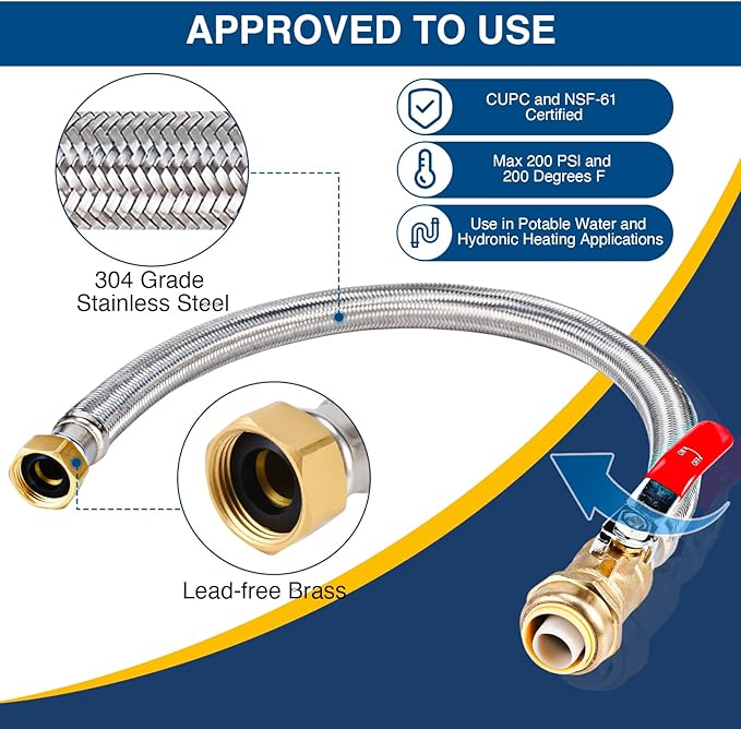 Heavy Duty 24" Braided Stainless Steel Hot Water Heater Hose – 3/4 Inch FIP x 3/4 Inch Ball Valve, Push-to-Connect Brass Fitting