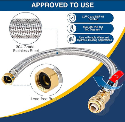 Heavy Duty 24" Braided Stainless Steel Hot Water Heater Hose – 3/4 Inch FIP x 3/4 Inch Ball Valve, Push-to-Connect Brass Fitting