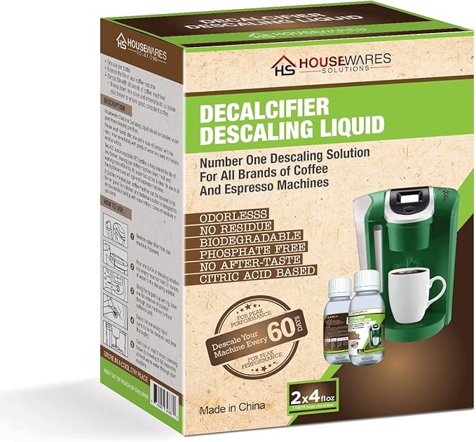 Descaling Solution for All Brands of Coffee and Espresso Machines By Housewares Solutions - 4 Fluid Ounce Bottle (2-Pack)
