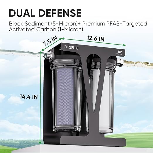 PUREPLUS RV Dual Stage Water Filter System with Sediment & PFAS Carbon Block Filters, NSF/ANSI 42 Certified, Reduces PFAS, VOCs, Chlorine, Odors, 13,000 Gal, Stainless Steel 3/4" Fittings