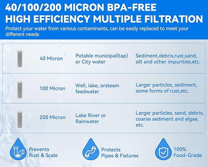POHIR Spin Down Sediment Filter 40/100/200 Micron, Reusable Water Filter for Whole House Pre-Filtration System, 1" MNPT + 3/4" FNPT + 3/4"MNPT with Sewage Drain Pipe