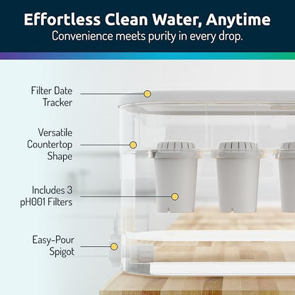 Invigorated Water - Alkaline Countertop Water Filter Dispenser, Large 53-Cup Capacity, Mineralized Alkaline Water, BPA-Free, 96 Gallons/Filter (White, 3 Filters Included)