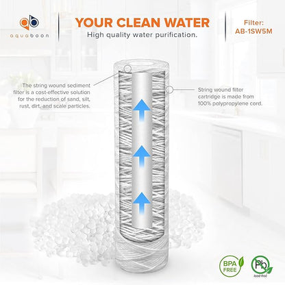 Aquaboon Whole House 5 Micron 10 x 2.5 String Wound Sediment Water Filter Cartridge Replacement Compatible with Well Water Filter WHKF-WHSW, 4-Pack