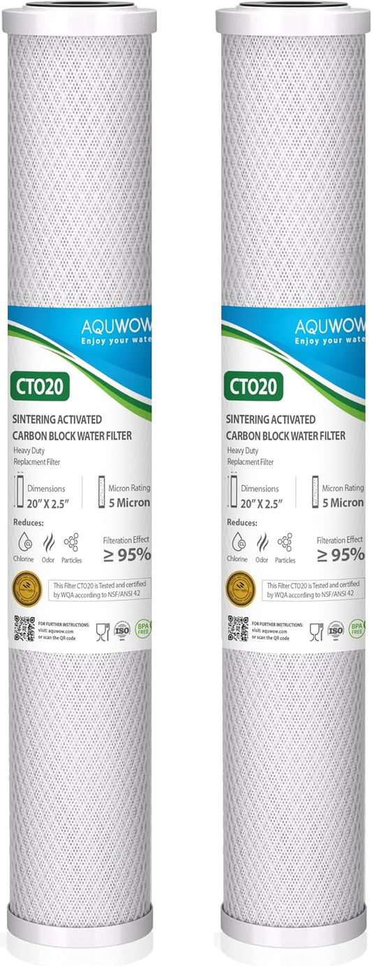 CTO20 5 Micron 2.5" x 20" Carbon Block Water Filter Set – Replacement Cartridges for Whole House and Under Sink Systems, Universal Standard Size (2, 20 x 2.5)