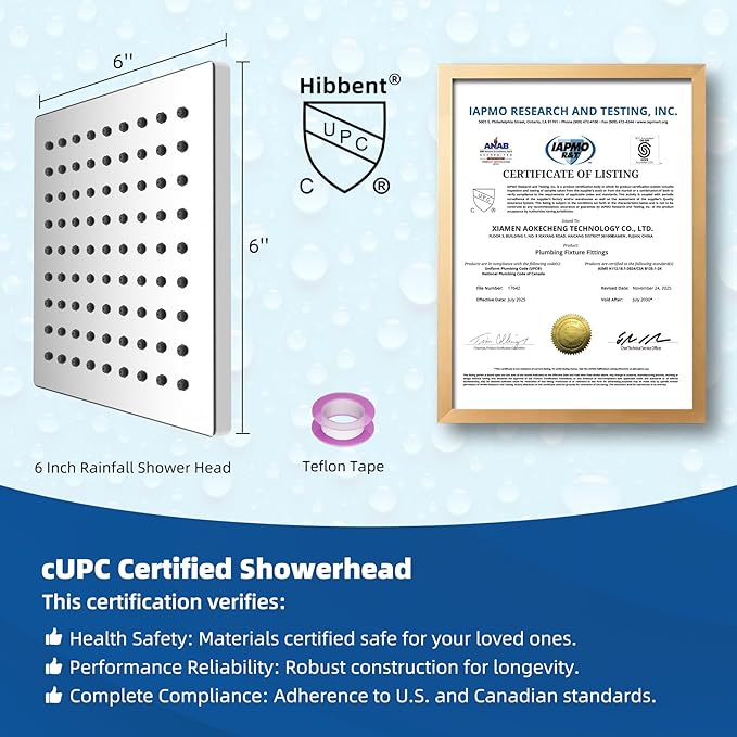 Hibbent cUPC Certified Thickness Metal Rain Shower Head, 6 Inch High Pressure Shower Head, Square Bathroom Waterfall Shower Heads, High Flow Fixed Showerheads with Adjustable Brass Ball Joint, Chrome