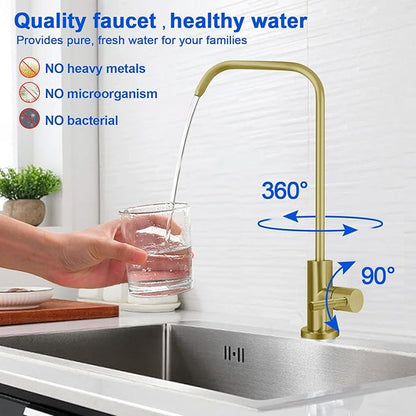 Drinking Water Faucet - Long Thread Stem Filtered Water Tap for Thick Countertop,Lead-Free RO Faucet with Hose and Push Connect Fittings(Matte Gold - "7" Shape)