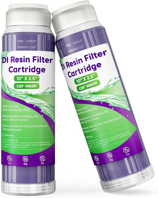 Mixed Bed DI Resin Filter Cartridge, 10''x 2.5'' DI Color Changing Replacement Cartridge, Deionized Resin for Spot-Free Car Wash System, Window Cleaning & Aquarium, 2-Pack