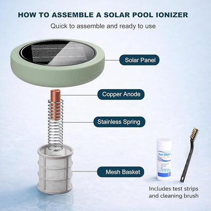 Solar Pool Ionizer for Above Ground, Solar Powered Floating Copper Purifier, Reduce Chlorine 85% Up to 45,000 Gallons, Swimming Pools Water Cleaner for In-ground Pools and Spas (Green)