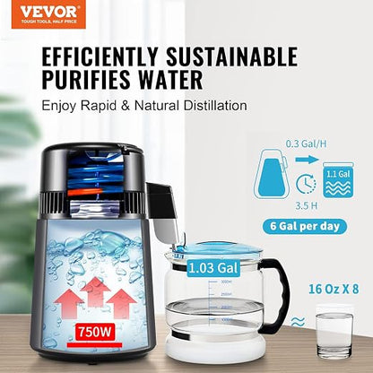 VEVOR Water Distiller, 4L /1.05 Gallon Pure Water Still for Home Countertop, 750W Distilled Water Maker, 304 Stainless Steel Body Distilling Machine with Glass Carafe to Make Clean Water, Gray