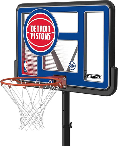Lifetime NBA Detroit Pistons Portable Basketball Hoop, Adjustable Height 7.5-10 Ft, 44 Inch Shatterproof Fusion Backboard, Base with Wheels