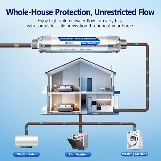 Scale Water Softener System,Salt-Free Water Descaler Whole House, ¾-Inch NPT Water Descaler System, Prevents Limescale in Tankless Water Heaters, Pipes, Dishwasher,Smart Toilets & Appliances