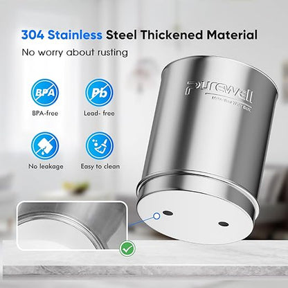 Purewell 2.25G Gravity Water Filter System with Water Level Window, 8-Stage 0.01μm Ultra-Filtration Stainless Steel Countertop System with 4 Filters and Stand, Reduce Fluoride and Chlorine, PW-KS-CF